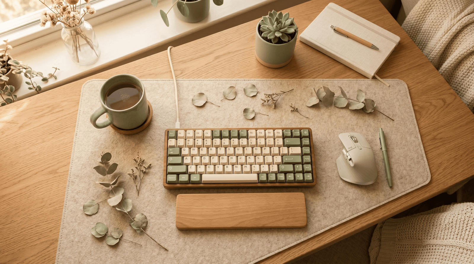 Escritorio cozy con alfombrilla de fieltro beige, teclado mecánico y taza de cerámica bajo luz cálida de tarde