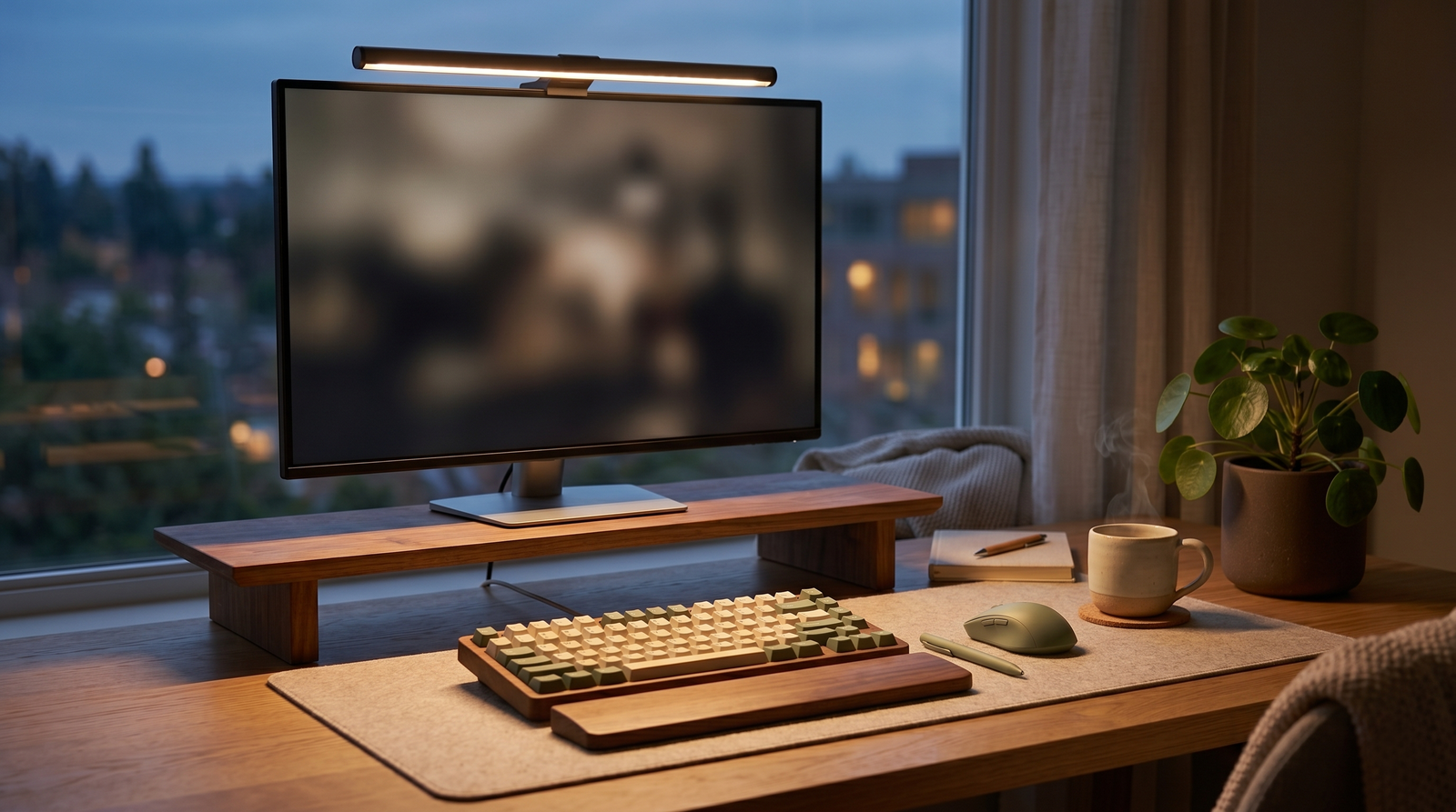 Barra de luz para monitor encendida en escritorio de noche con luz cálida ámbar sobre mesa de madera