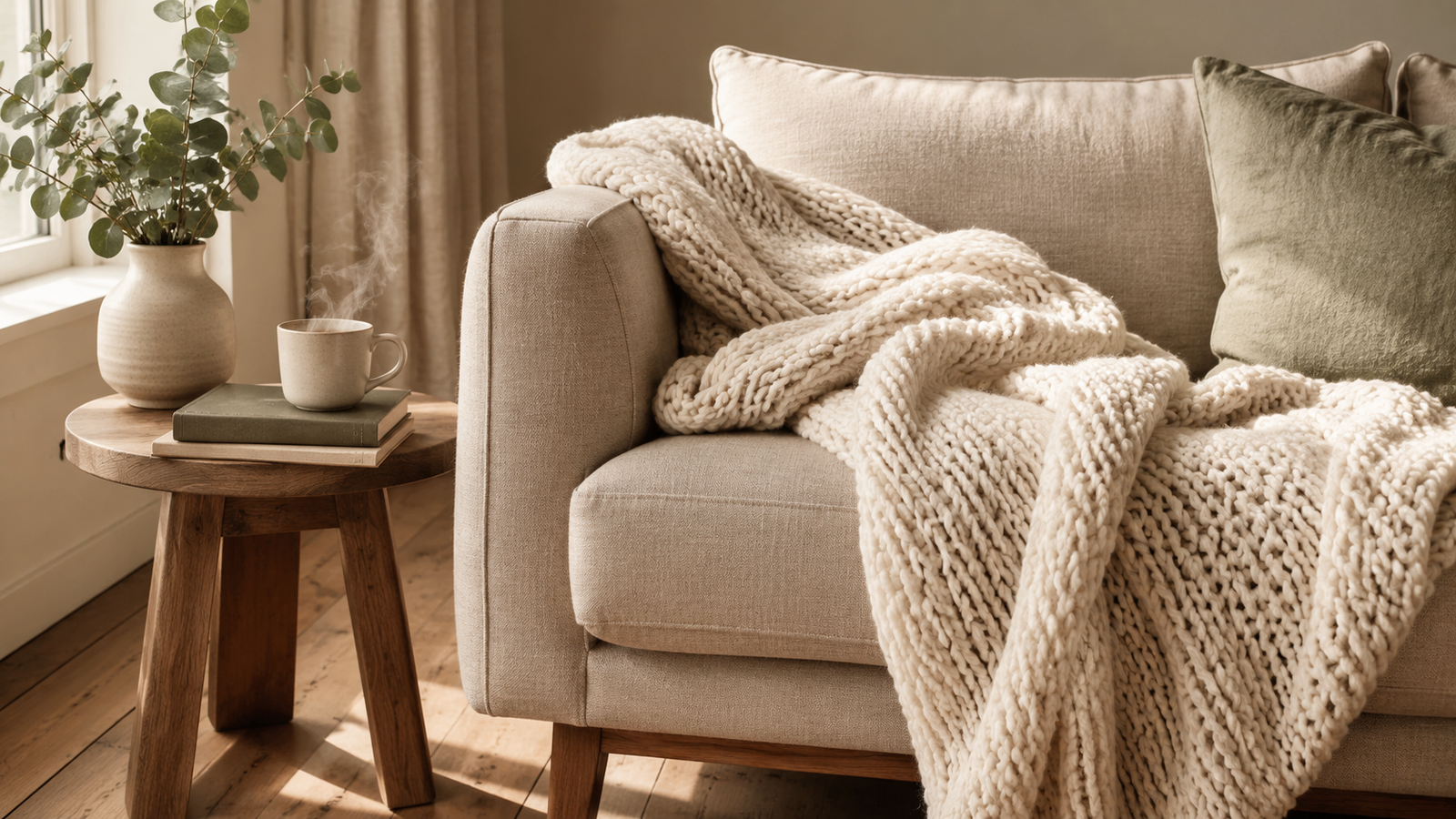 Manta chunky knit color crema sobre sofá de lino beige con cojines texturizados y mesa auxiliar de madera