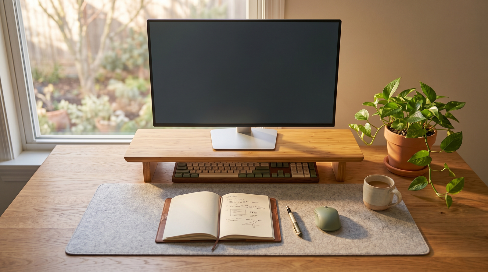 Soporte de bambú elevando monitor en escritorio cozy con teclado debajo y planta lateral