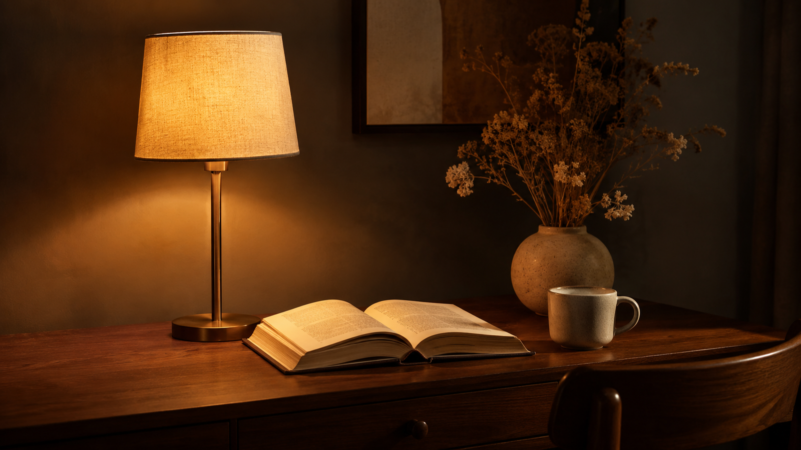 Lámpara de escritorio con pantalla de lino encendida proyectando luz ámbar sobre mesa de madera con libro abierto